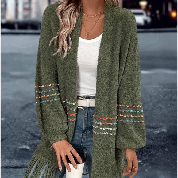 New open front green boho cardigan sweater - Picture 1 of 6